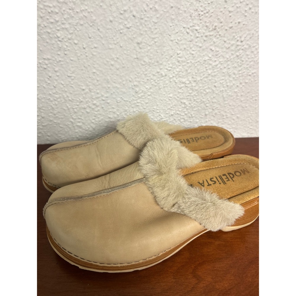 Modellista Tan Leather Faux Fur Trim Clogs Platform Mules Made in Italy 7M